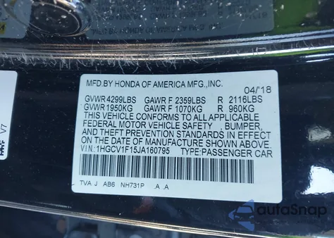 2018 Honda Accord Lx z USA, uszkodzony, nr VIN 1HGCV1F15JA160795